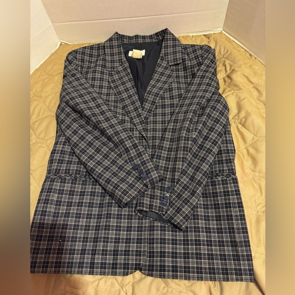 Worthington Size 16 Women's Blazer Blue Gray Plaid 80's 90's Jacket Work Vintage